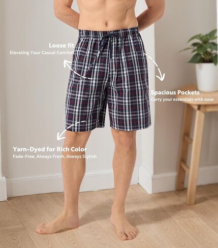 DAVID ARCHY Mens Pajama Shorts Soft Cotton Plaid Sleep Shorts with Pockets Comfy Lounge Woven Pajamas Bottoms for Men, 3 pack in Saudi Arabia