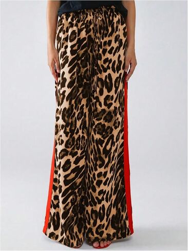 COZYEASE Women's Leopard Print Wide Leg Pants Cheetah Drawstring Waist Color Block Long Trousers in Saudi Arabia