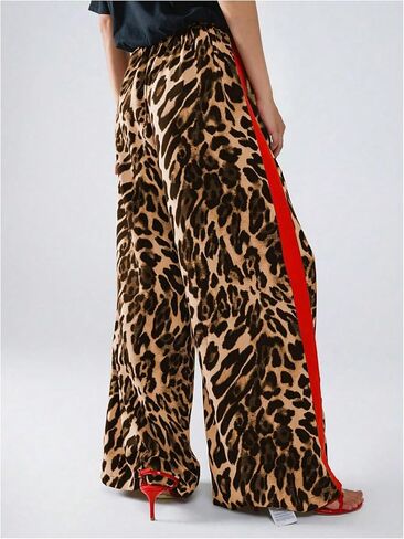 COZYEASE Women's Leopard Print Wide Leg Pants Cheetah Drawstring Waist Color Block Long Trousers in Saudi Arabia