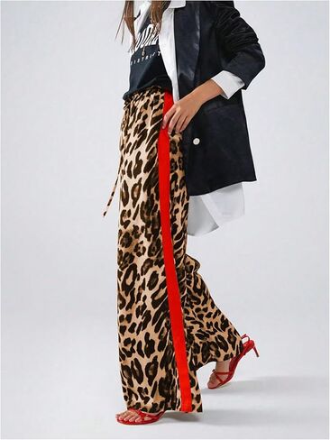 COZYEASE Women's Leopard Print Wide Leg Pants Cheetah Drawstring Waist Color Block Long Trousers in Saudi Arabia