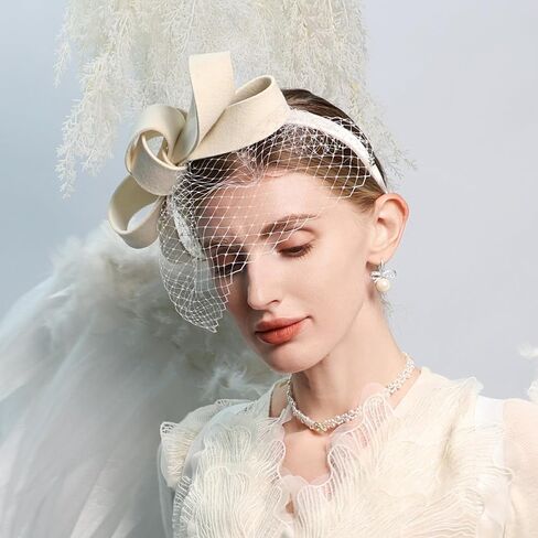 Women's Wedding Fascinator Hat Winter Wool Bowknot Mesh Veil Headband 1920s Headpiece Cocktail Fascinators in Saudi Arabia
