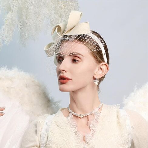 Women's Wedding Fascinator Hat Winter Wool Bowknot Mesh Veil Headband 1920s Headpiece Cocktail Fascinators in Saudi Arabia