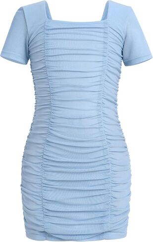 OBEEII Girls Square Neck Short Sleeve Ruched Bodycon Mini Dress Kids Mesh Short Tight Birthday Party Dance Dresses in Saudi Arabia