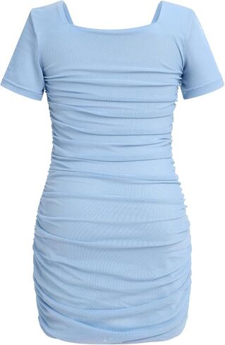 OBEEII Girls Square Neck Short Sleeve Ruched Bodycon Mini Dress Kids Mesh Short Tight Birthday Party Dance Dresses in Saudi Arabia
