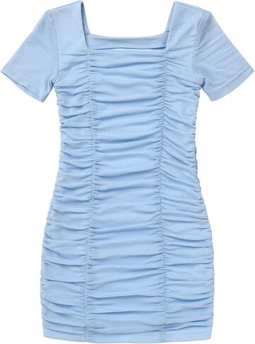 OBEEII Girls Square Neck Short Sleeve Ruched Bodycon Mini Dress Kids Mesh Short Tight Birthday Party Dance Dresses in Saudi Arabia