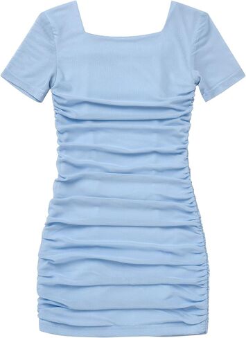 OBEEII Girls Square Neck Short Sleeve Ruched Bodycon Mini Dress Kids Mesh Short Tight Birthday Party Dance Dresses in Saudi Arabia