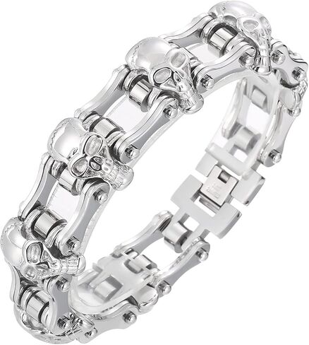 Klapgo Gothic Skull Charm Bicycle Motorcycle Chain Fashion Men Bracelet 8.66 Inch Stainless Steel Punk Jewelry (Silver, 8.66 inches) in Saudi Arabia