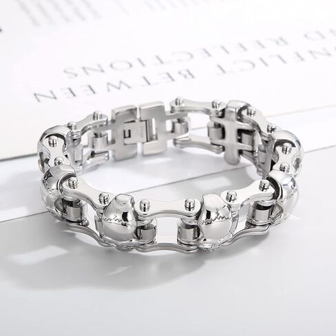 Klapgo Gothic Skull Charm Bicycle Motorcycle Chain Fashion Men Bracelet 8.66 Inch Stainless Steel Punk Jewelry (Silver, 8.66 inches) in Saudi Arabia