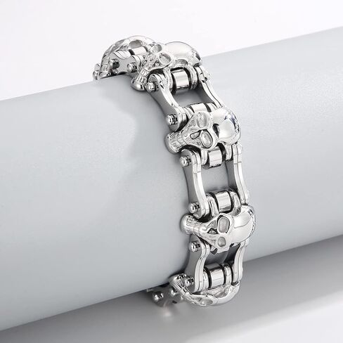Klapgo Gothic Skull Charm Bicycle Motorcycle Chain Fashion Men Bracelet 8.66 Inch Stainless Steel Punk Jewelry (Silver, 8.66 inches) in Saudi Arabia