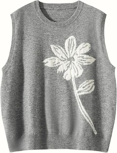 Wowcarbazole Women's Sweater Vest Crew Neck Sleeveless Ribbed Knitwear Casual Trendy Floral Knitted Vest Pullover Top in Saudi Arabia