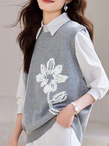 Wowcarbazole Women's Sweater Vest Crew Neck Sleeveless Ribbed Knitwear Casual Trendy Floral Knitted Vest Pullover Top in Saudi Arabia