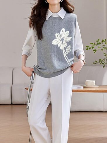 Wowcarbazole Women's Sweater Vest Crew Neck Sleeveless Ribbed Knitwear Casual Trendy Floral Knitted Vest Pullover Top in Saudi Arabia