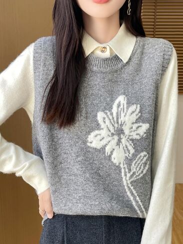 Wowcarbazole Women's Sweater Vest Crew Neck Sleeveless Ribbed Knitwear Casual Trendy Floral Knitted Vest Pullover Top in Saudi Arabia