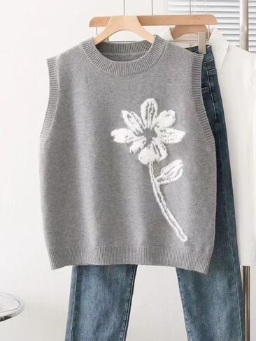 Wowcarbazole Women's Sweater Vest Crew Neck Sleeveless Ribbed Knitwear Casual Trendy Floral Knitted Vest Pullover Top in Saudi Arabia