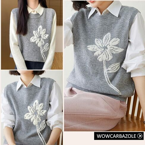 Wowcarbazole Women's Sweater Vest Crew Neck Sleeveless Ribbed Knitwear Casual Trendy Floral Knitted Vest Pullover Top in Saudi Arabia