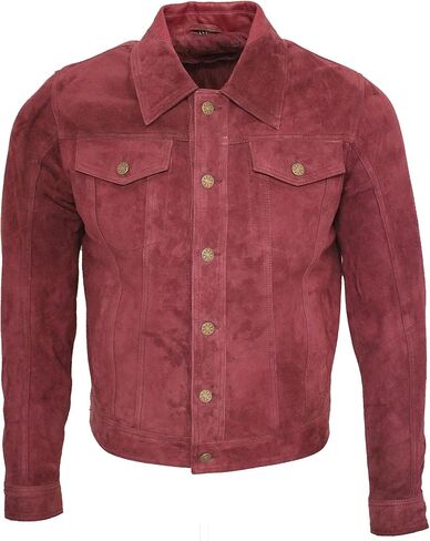 Men's Trucker Casual Burgundy Goat Suede Leather Shirt Jeans Jacke in Kuwait