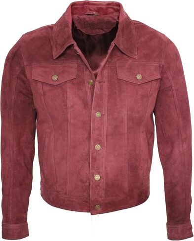Men's Trucker Casual Burgundy Goat Suede Leather Shirt Jeans Jacke in Kuwait