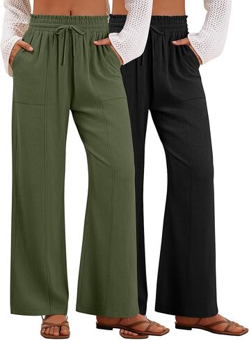 2 Pack Women's Linen Pants Summer Wide Leg Drawstring Elastic Waist Pant Casual Loose Fit Beach Trousers with Pockets in Saudi Arabia