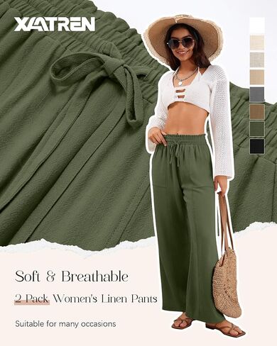 2 Pack Women's Linen Pants Summer Wide Leg Drawstring Elastic Waist Pant Casual Loose Fit Beach Trousers with Pockets in Saudi Arabia