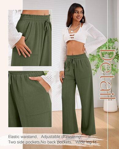 2 Pack Women's Linen Pants Summer Wide Leg Drawstring Elastic Waist Pant Casual Loose Fit Beach Trousers with Pockets in Saudi Arabia