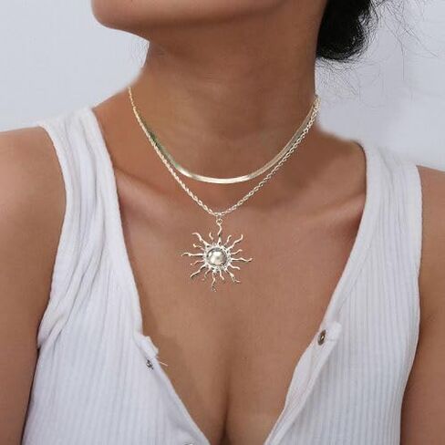 Elegant Gold Sun Necklace For Women Dainty 14k Gold Plated Pendant Necklace Vintage Stacked Sun Collarbone Chain Necklace Fashion Summer Beach Dance Party Jewelry in Saudi Arabia