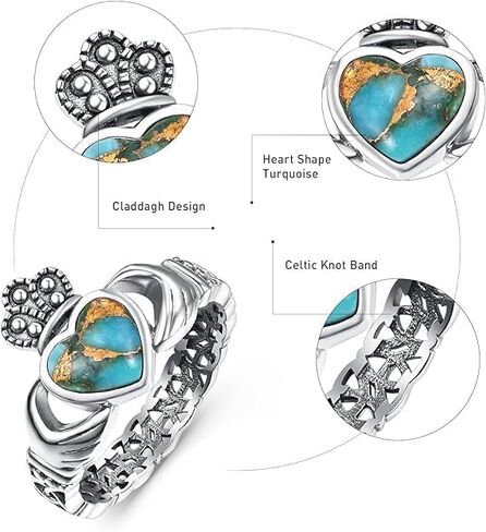 HEART FERTQUOISE/MALACHITE/Black Onyx Claddagh Rings 925 Sterling Silver Celtic Knot Rings Fringipering for Women Enginement Rings Hompts Jewelry Gifts Size 6-9 in Kuwait