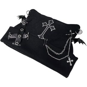 Y2K Gothic Grunge Cat Ear Bat Wing Black Beanie Hat Harajuku Punk Cross Chain Knitted Hat Women Chic Streetwear