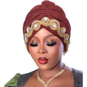 Woeoe Women African Turban Bling Rhinestones Beanie Cap Headwear Pre-Tied Crystal Head Wrap