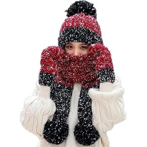 Beanie Hat Scarf and Gloves Set, Womens Winter Warm Knitted Hat Thick Skull Cap 3 in 1 for Cold Weather