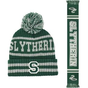 Harry Potter Beanie Hat and Scarf Set, Hogwarts Collegiate Winter Knit Cap with Cuff and Pom, Slytherin, One Size