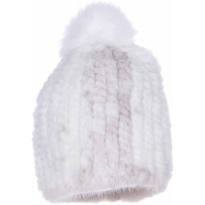Real Fur Beanie Hat Women's Weather Mink Fur Knitted Hat with Fox Fur Pom Soft Fluffy Thick