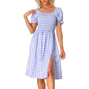 Allegra K Gingham Smocked Dress for Women's Square Neck Side Slit Casual Plaid Dresses