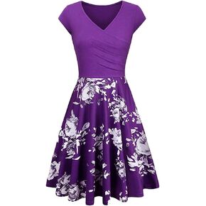 OMZIN Women's Summer 1950s Vintage Dress Wrap V Neck Cap Sleeve Dress Cocktail Swing Dress A-Line Flared Midi Dress