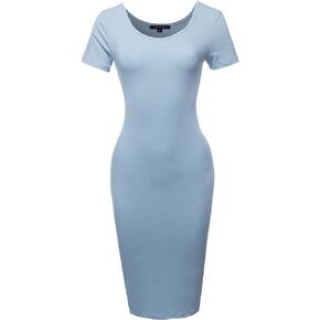 Women's Solid Fitted Classic Short Sleeve Premium Cotton Midi Dress