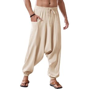 Runcati Mens Harem Pants Baggy Hippie Casual Cottn Linen Loose Boho Yoga Beach Drop Crotch Trouser