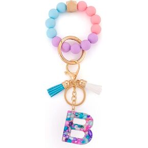 Initial A-Z House Car Keys Rings Silicone Beaded Bracelet Bangle Wristlet Keychains