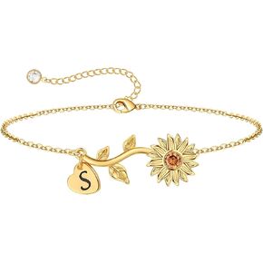 Anoup Sunflower Gifts for Girls Women - Sunflower Initial Bracelets, 14K Gold Plated Bracelet | Delicate Sunflower Jewelry | Heart Initial Charm | Small Birthday Valentines Day Gifts for Girls Women