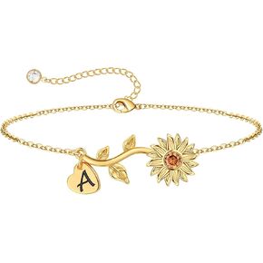 Anoup Sunflower Gifts for Girls Women - Sunflower Initial Bracelets, 14K Gold Plated Bracelet | Delicate Sunflower Jewelry | Heart Initial Charm | Small Birthday Valentines Day Gifts for Girls Women