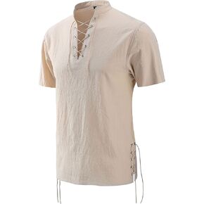 Men's Cotton Retro V-Neck Lace up Adjustable Sleeves Shirts Medieval Renaissance Pirate Victorian Tunic
