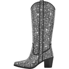 LISHAN Women's Western Cowboy Knee High Boots Rhinestone Diamond Studded Chunky Heel