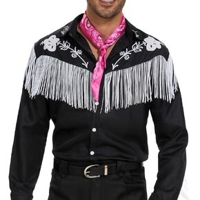 Cowboy Costume for Men Fringe Shirt 80s 90s Western Long Sleeve Halloween Cosplay Button Down Up Shirt with Scarf