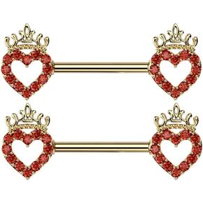Pierced Owl 14GA 316L Stainless Steel CZ Crystal Paved Hollow Heart and Crown Nipple Barbells, Sold as a Pair
