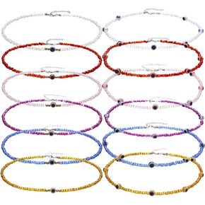 Beaded Choker Necklace for Women Chain Charm Choker Necklace Set Handmade Seed Bead Choker Summer Beach Jewelry for Women 12 Pcs