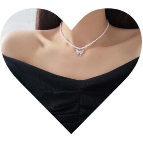 Vintage Crystal Butterfly Necklace Pearl Choker Necklace Rhinestone Butterfly Pendant Necklace Silver Pearl Chain Necklace Jewelry for Women and Girls