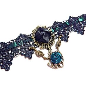 Green & Black Lace Rose Choker Necklace Teal Gothic Victorian Steampunk Collar