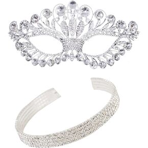 2 Pcs Rhinestone Masquerade Mask + Rhinestone Choker Necklace for Women Girls Prom Jewelry Set Diamond Masquerade Ball Mask & Rhinestone necklace for women Crystal Eye Mask Necklace for Women Costume