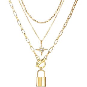 Lock Layered Necklaces Rhinestone Star Pendant Necklace Fashion Gold Choker Necklace for Women and Teen Girl in Kuwait