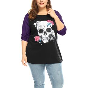 uxcell Women's Plus Size Tee Shirts Floral Skull Loose Basic Long Sleeve Tops Happy Halloween Tunic