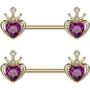 14GA Gold PVD 316L Stainless Steel Crown with Pink Gem Heart Nipple Barbells, Sold as a Pair