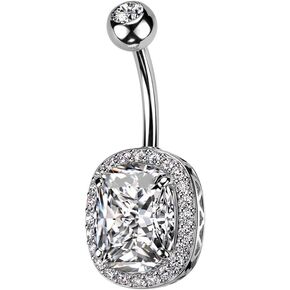 Pierced Owl 14GA 316L Stainless Steel Oval CZ Crystal with Surrounding CZs Belly Button Ring
